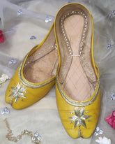 Yellow Tilla Pure Leather Khussa - Emeralds