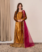 Elegant velvet outfit – Golden Radiance pleated silk dress with magenta dupatta