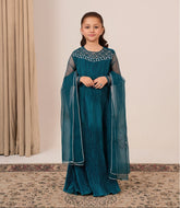 Jewel of Alara kids dress in zinc pleated silk with diamanté hand adda work and silver embellished organza dupatta