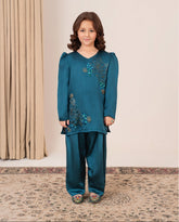 Mini Peacock Whisper – Teal silk dress for girls with golden handwork