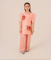Peach raw silk kids outfit with hand-painted floral motifs and sequins – Emeralds