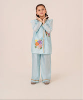 Floral Whimsy kids dress in sky blue raw silk with hand-painted floral artwork