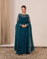 Jewel of Alara pleated silk maxi for women in zinc with hand adda diamanté work and silver sequin organza dupatta.