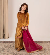 Golden Radiance Girl’s Velvet Dress with Magenta Organza Dupatta – Emeralds Matching Collection