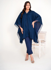 "Model in navy blue chikankari embroidered lawn kaftan set with lace placket and cotton bell bottom pants by Emeralds"
