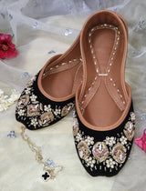 Black Embellished Velvet Khussa - Emeralds 