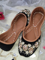 Black Embellished Velvet Khussa - Emeralds 