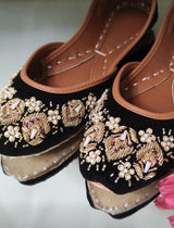 Black Embellished Velvet Khussa - Emeralds 