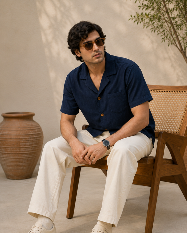 Neon Navy — Cuban Collar Casual Shirt