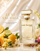 A clear rectangular perfume bottle labeled 'LUXE SAUVAGE UNISEX' stands on a marble slab surrounded by citrus fruits, flowers, and greenery against a soft draped cream background. Large matching text appears on the left side of the image.