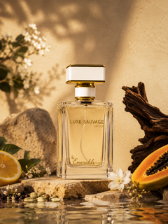 A clear rectangular perfume bottle labeled Luxe Sauvage London by Emeralds, filled with pale golden liquid, styled on rocks with a lemon half, papaya, white flowers, and driftwood against a warm beige wall with leaf shadows.