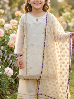 Girls Ivory Organza Farshi Shalwar Traditional Outfit”

“Festive Kidswear with Gota Work and Lace Detailing”

“Noorè Kids Dress 5-12 Years