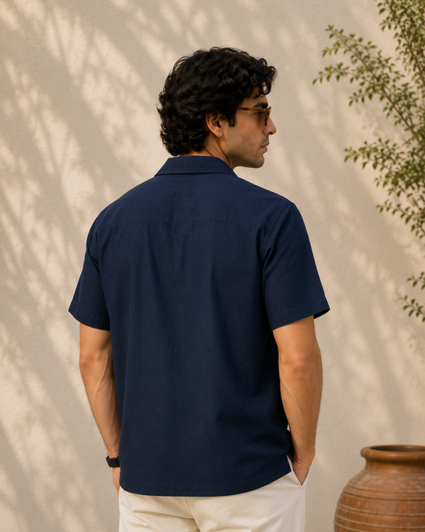 Neon Navy — Cuban Collar Casual Shirt