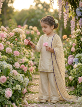Girls Ivory Organza Farshi Shalwar Traditional Outfit”

“Festive Kidswear with Gota Work and Lace Detailing”

“Noorè Kids Dress 5-12 Years
