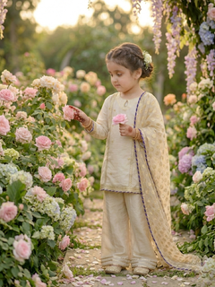 Girls Ivory Organza Farshi Shalwar Traditional Outfit”

“Festive Kidswear with Gota Work and Lace Detailing”

“Noorè Kids Dress 5-12 Years