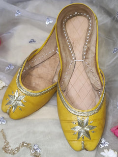 Yellow Tilla Pure Leather Khussa - Emeralds 