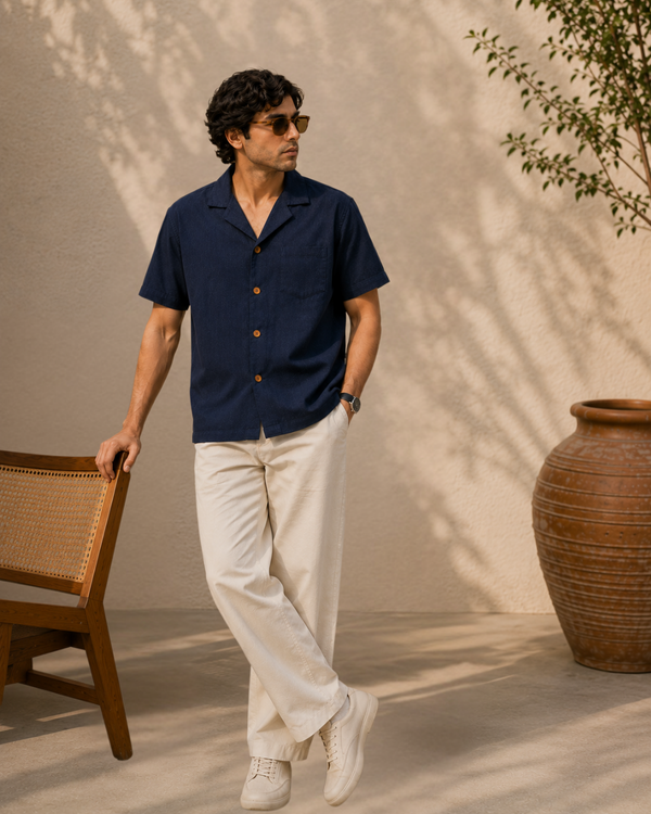 Neon Navy — Cuban Collar Casual Shirt