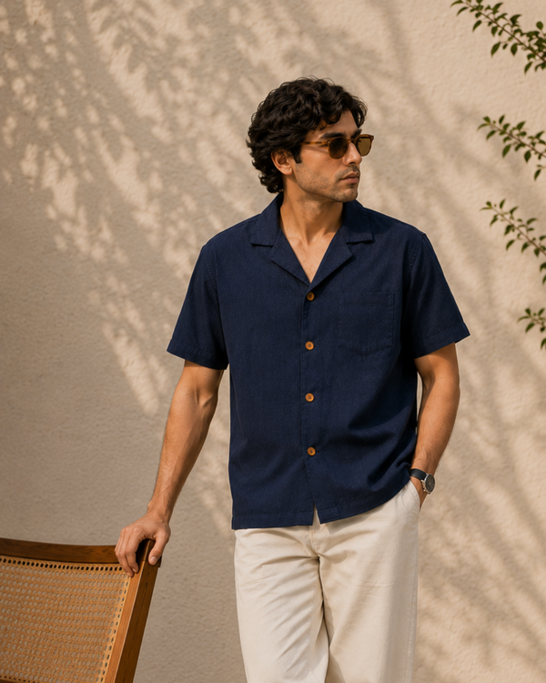 Neon Navy — Cuban Collar Casual Shirt