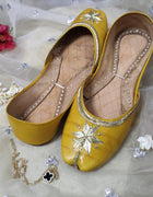 Yellow Tilla Pure Leather Khussa - Emeralds 