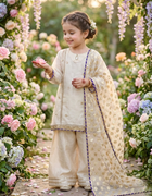 Girls Ivory Organza Farshi Shalwar Traditional Outfit”

“Festive Kidswear with Gota Work and Lace Detailing”

“Noorè Kids Dress 5-12 Years