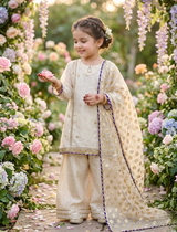 Girls Ivory Organza Farshi Shalwar Traditional Outfit”

“Festive Kidswear with Gota Work and Lace Detailing”

“Noorè Kids Dress 5-12 Years