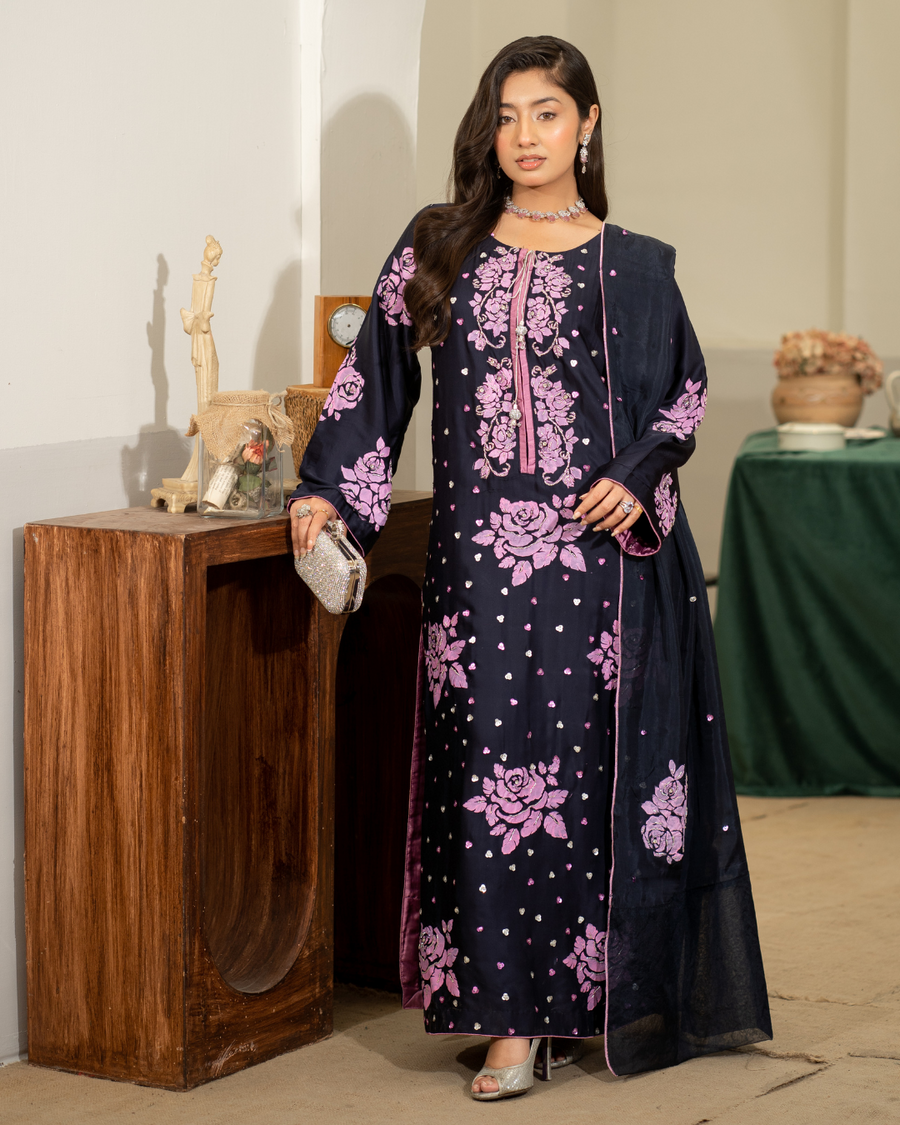 Blue Luxe – Deep blue silk shirt with hand adda work and hand-painted silk dupatta.