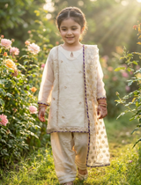 Girls Ivory Organza Farshi Shalwar Traditional Outfit”

“Festive Kidswear with Gota Work and Lace Detailing”

“Noorè Kids Dress 5-12 Years