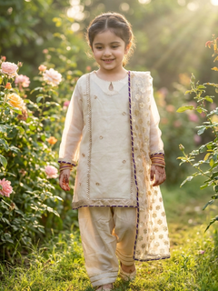 Girls Ivory Organza Farshi Shalwar Traditional Outfit”

“Festive Kidswear with Gota Work and Lace Detailing”

“Noorè Kids Dress 5-12 Years