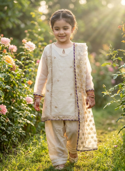 Girls Ivory Organza Farshi Shalwar Traditional Outfit”

“Festive Kidswear with Gota Work and Lace Detailing”

“Noorè Kids Dress 5-12 Years