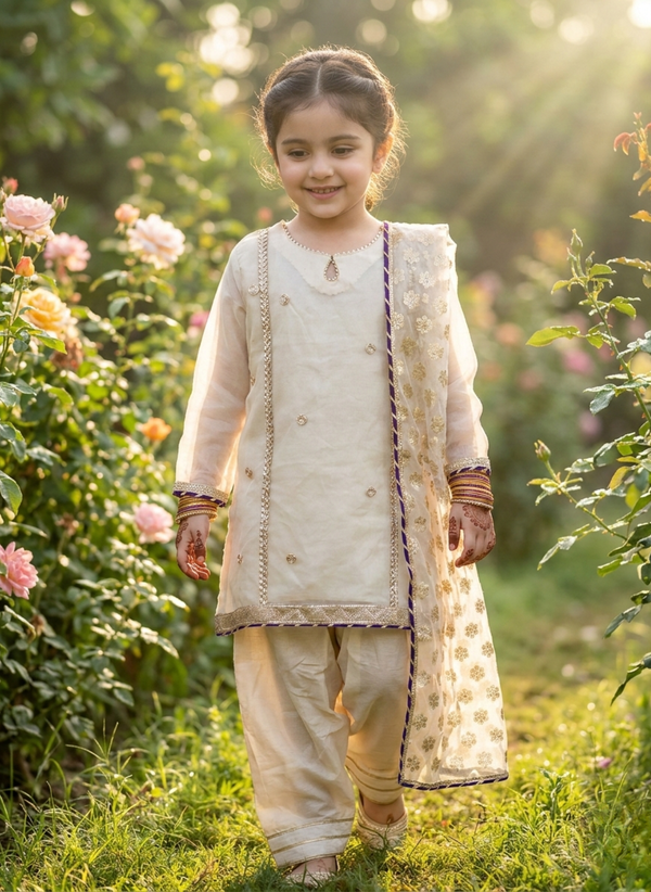 Girls Ivory Organza Farshi Shalwar Traditional Outfit”

“Festive Kidswear with Gota Work and Lace Detailing”

“Noorè Kids Dress 5-12 Years