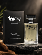 Legacy by Emeralds men’s Eau de Parfum featuring red apple, coriander, incense, Sichuan pepper, vanilla, and woody notes for a sophisticated and long-lasting masculine fragrance.