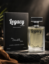 Legacy by Emeralds men’s Eau de Parfum featuring red apple, coriander, incense, Sichuan pepper, vanilla, and woody notes for a sophisticated and long-lasting masculine fragrance.