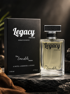 Legacy by Emeralds men’s Eau de Parfum featuring red apple, coriander, incense, Sichuan pepper, vanilla, and woody notes for a sophisticated and long-lasting masculine fragrance.
