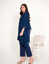 Model in navy blue chikankari embroidered lawn kaftan set with lace placket and cotton bell bottom pants by Emeralds