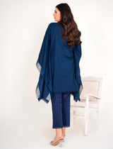 Model in navy blue chikankari embroidered lawn kaftan set with lace placket and cotton bell bottom pants by Emeralds