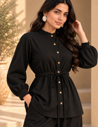 Close view of ONYX black Khaddi shirt with band collar, coconut buttons and gathered waist