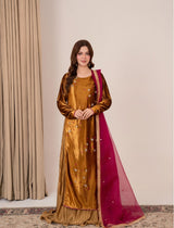 Elegant velvet outfit – Golden Radiance pleated silk dress with magenta dupatta