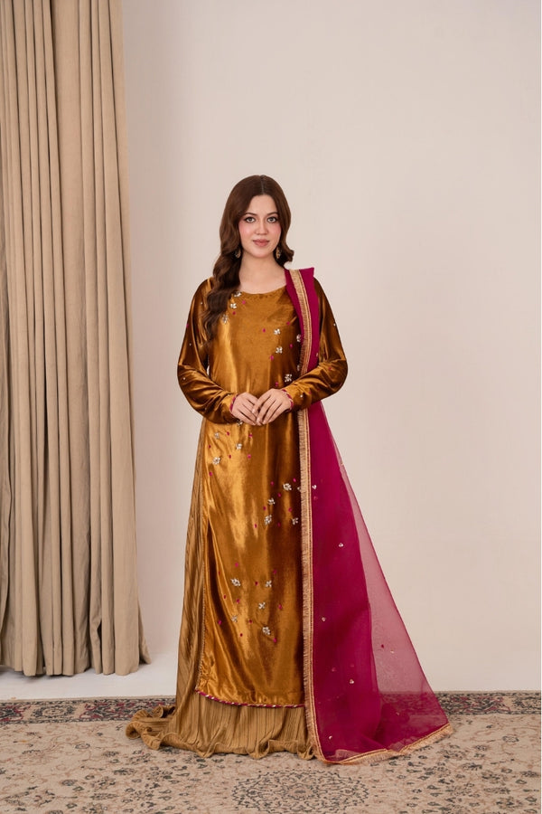 Elegant velvet outfit – Golden Radiance pleated silk dress with magenta dupatta