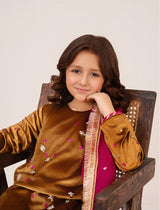Designer kidswear Pakistan – Golden Radiance Korean velvet dress