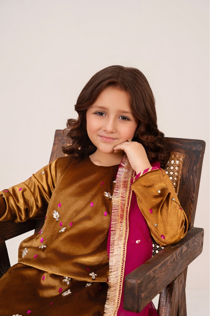 Designer kidswear Pakistan – Golden Radiance Korean velvet dress