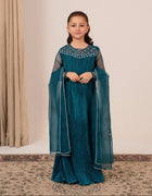 Jewel of Alara kids dress in zinc pleated silk with diamanté hand adda work and silver embellished organza dupatta
