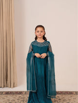 Jewel of Alara kids dress in zinc pleated silk with diamanté hand adda work and silver embellished organza dupatta
