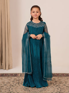 Jewel of Alara kids dress in zinc pleated silk with diamanté hand adda work and silver embellished organza dupatta