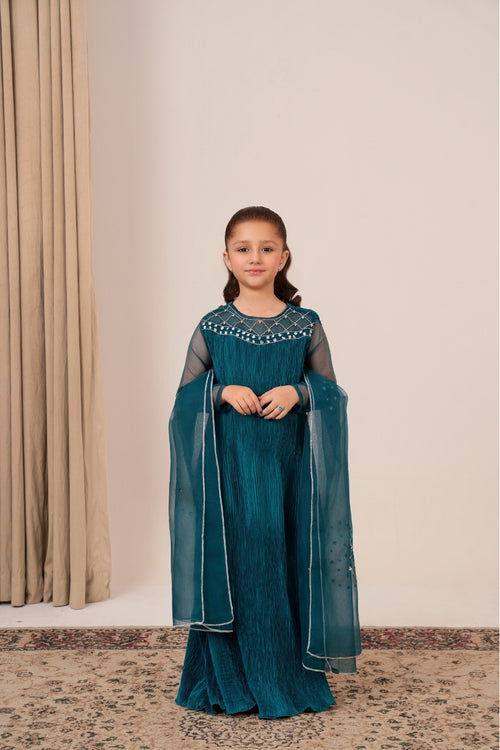 Jewel of Alara kids dress in zinc pleated silk with diamanté hand adda work and silver embellished organza dupatta