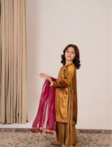 Girl wearing Golden Velvet Dress with Crushed Silk Skirt – Emeralds Festive Wear