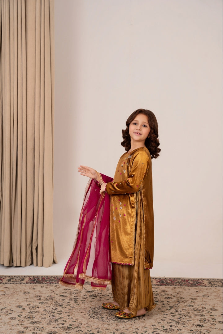 Girl wearing Golden Velvet Dress with Crushed Silk Skirt – Emeralds Festive Wear