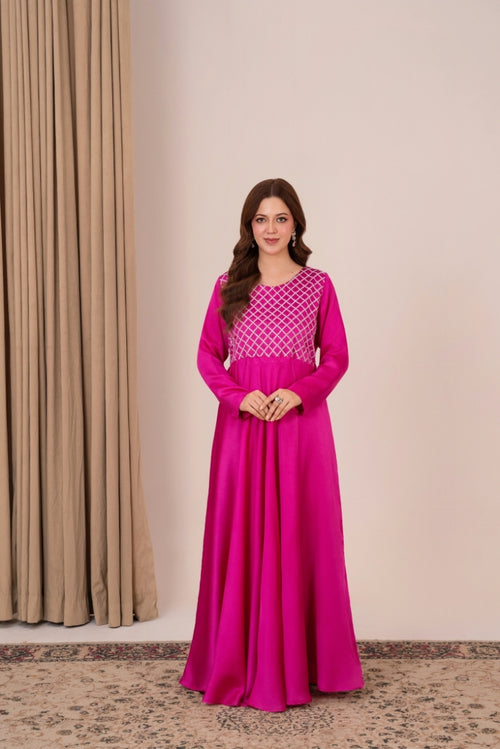 Ruby – Fuchsia silk maxi with silver sequin and diamante embroidery