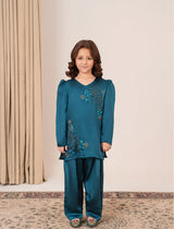 Mini Peacock Whisper – Teal silk dress for girls with golden handwork