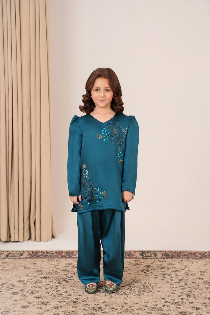 Mini Peacock Whisper – Teal silk dress for girls with golden handwork