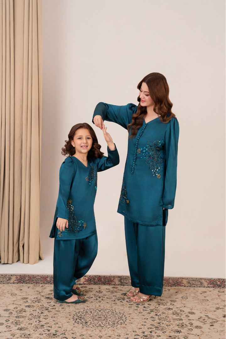 Designer kidswear Pakistan – Peacock Whisper embroidered girls dress